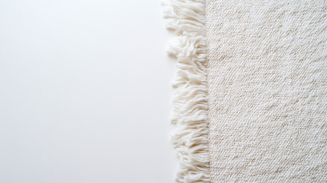 A close-up captures a textured fabric edge with delicate fringe against a stark white backdrop, highlighting natural weaves and simple aesthetics. 177 characters