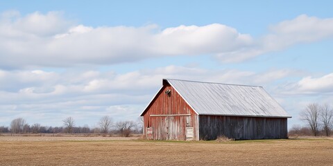 Obraz premium Red barn with a tin roof sits in a field
