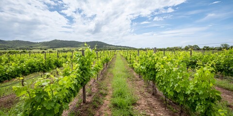 Naklejka premium Row of grape vines with a dirt path between them
