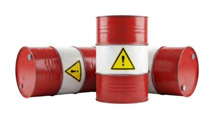 Three red and white industrial barrels with warning signs are prominently displayed, representing hazardous materials and the need for caution.