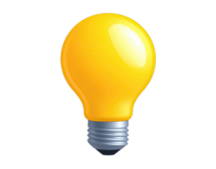 A brightly lit, 3D rendered yellow light bulb with a metallic base, floating on black