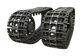 Two heavy metal tank tracks from an old military vehicle are displayed with intricate detail, showcasing their robust construction and weathered texture.