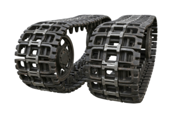 Two heavy metal tank tracks from an old military vehicle are displayed with intricate detail, showcasing their robust construction and weathered texture.