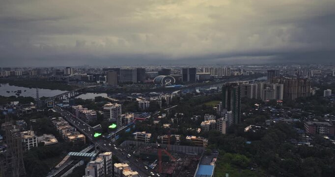 Aerial view of Bandra Kurla Complex (BKC), Mumbai, India, showcasing the city&rsquo;s prominent financial and commercial district. Beautiful cloudy weather during the monsoon.