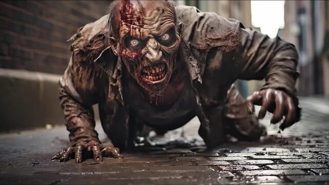 Decayed zombie crawling down wet alley. Snarling undead reaching bloodied hands across cobblestone. Generative AI
