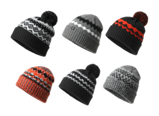 Six colorful knitted winter hats with various patterns and pom-poms are displayed, showcasing cozy fashion accessories for cold weather.