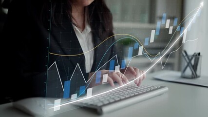 A business professional engages with financial data through keyboard input, showcasing an abstract chart on a virtual screen in a modern office setting. Copula - Powered by Adobe