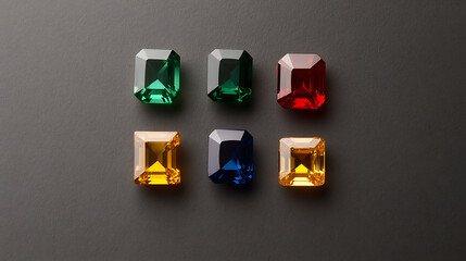 A collection of six faceted gemstones in emerald cuts, exhibiting a vibrant color palette. From greens and reds, to yellows and blues, against a minimalist gray background.