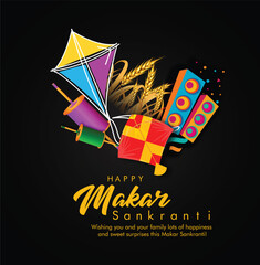 Creative Happy Makar Sankranti Festival Background Decorated with Kites, string for festival of India
