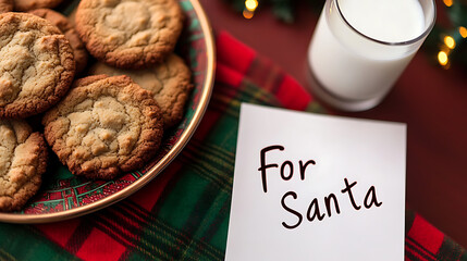 Holiday treat of golden baked cookies in a vintage festive plate with milk, with 'For Santa' note. Perfect Christmas Eve treat to welcome the holiday season.