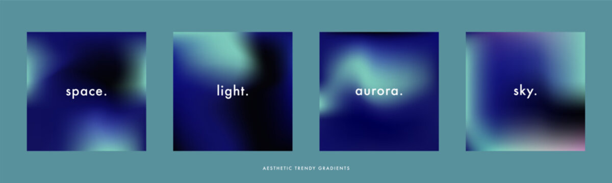 Deep space gradient backgrounds. Dark blue sky with glowing nebula clouds. Abstract night sky banner. Minimal blur galaxy, infinite cosmos backdrop collection. Simple soft dark square vector bg set