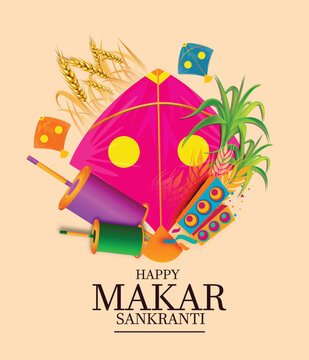 Creative Happy Makar Sankranti Festival Background Decorated with Kites, string for festival of India
