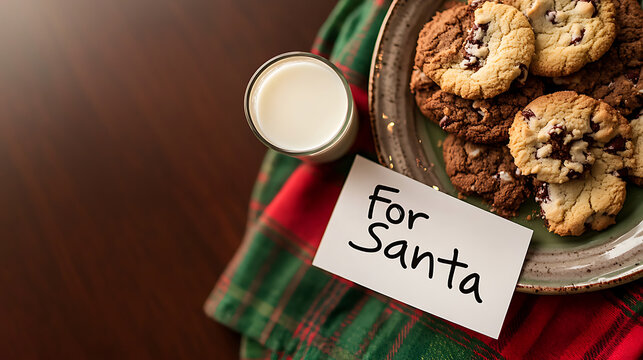 Holiday cheer is near, cookies and milk await! A plate of homemade delights, a glass of milk, a plaid napkin and a heartfelt 'For Santa' note set the stage. - Powered by Adobe