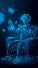 Young Person Using Futuristic Virtual Reality Vr Set Illustration with Geometric Polygons Low Poly Wireframe Vertical Concept