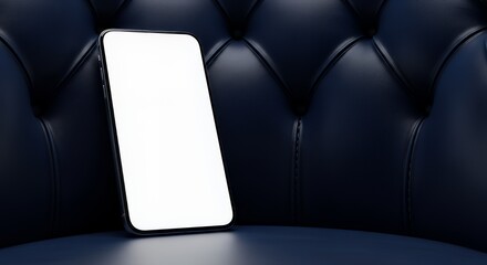 Smartphone leaning against luxurious leather sofa with blank screen in a modern interior setting