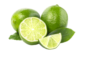 Fresh green limes with slices and leaves on transparent background
