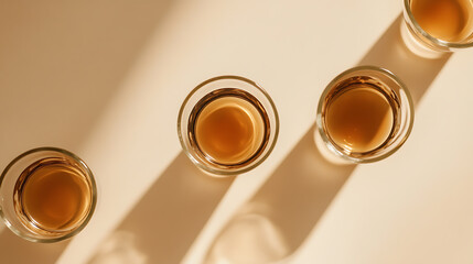 Golden liquid in glasses casting shadows on a soft surface. Top-down shot highlights the simple elegance and inviting warmth of the scene with drinks in warm light.