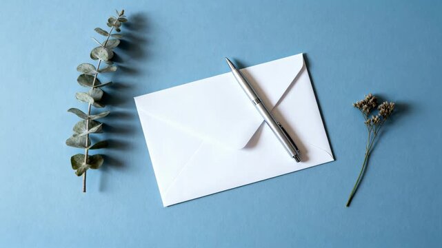 White envelope rests on a soft blue surface with a silver pen placed diagonally. Dried eucalyptus and small dried flowers flank the stationery, forming a calm minimal flatlay suited to correspondence 