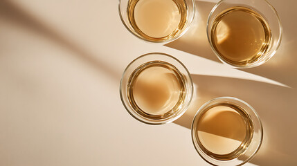 An overhead shot showcases four clear glasses filled with a pale liquid, beautifully illuminated by natural light, casting soft shadows on a neutral surface.  Simplicity in every sip.