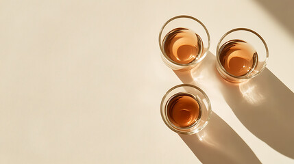 Elegant still life of three glasses with amber liquid casting shadows on a pale surface, evoking sophistication and warmth. Simplistic aesthetic for upscale beverage imagery.