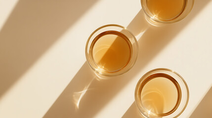 Three glasses filled with light amber liquid are positioned on a neutral surface, enhanced by strong light and shadow play for an artistic and inviting atmosphere.