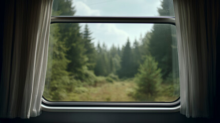 Peaceful Journey Past Lush Green Trees, Calm Train Voyage Overlooking Tranquil Forest And Meadow