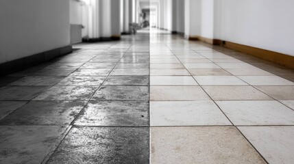Detailed Hallway floor cleaning comparing dirty and clean tiles 