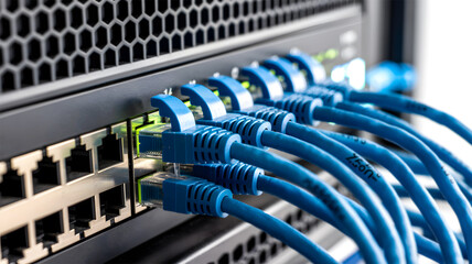 Blue Ethernet Network Cables Plugged into Server Switch – Data Center Infrastructure and High-Speed Internet Concept