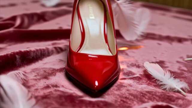 Red high heel shoe rests on soft burgundy velvet with scattered white feathers that add delicate texture. The glossy patent finish contrasts with the plush fabric. Close-up perspective emphasizes luxu