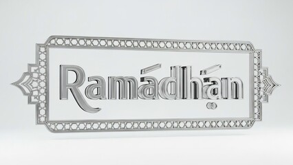 A silver 3D rendering of the word Ramadhan in an ornate Islamic frame, celebrating the holy month.