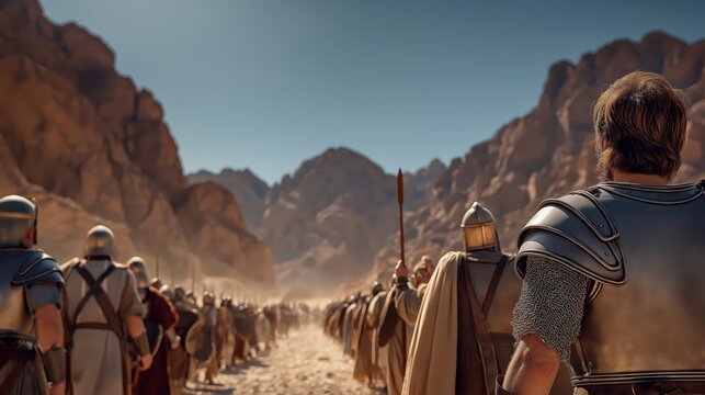 The wide rocky plains near Rephidim with Joshua&rsquo;s warriors stretched in long uneven formations, sunbeams striking bronze shields as Moses stands on a distant hill with Aaron.