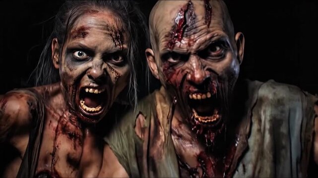Zombie pair in bleak dark studio setting. Zombies with ripped clothing and fresh wounds, blood smeared faces and exposed teeth. Generative AI