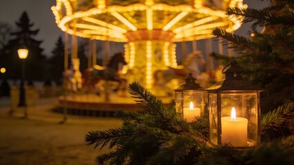 Snowy pine branches with glowing lanterns frame a brightly lit carousel at night