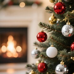 A close-up of a Christmas tree branch with shiny red