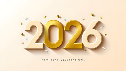 New year 2026 golden numbers with confetti and ornaments