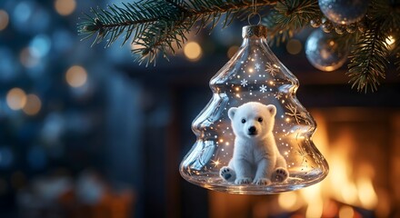 A charming glass ornament shaped like a tree holds a tiny polar bear 