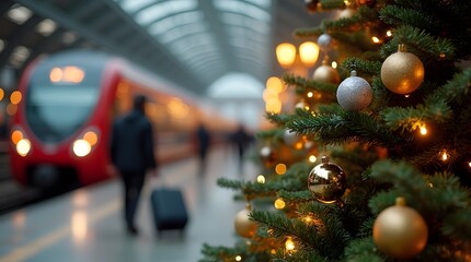 A decorated Christmas tree stands in a bustling train station as a red train arrives