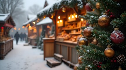 A snowy Christmas market glows with warm lights from wooden stalls