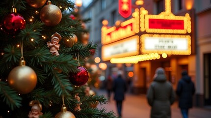 A decorated Christmas tree glows on a bustling city street at night