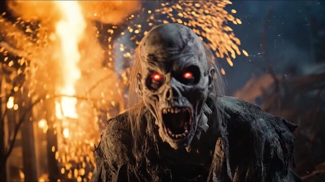 Closeup undead creature in burning woods, red glowing eyes, tattered cloak. Snarling maw, sparks and embers shower from torched cabin behind. Generative AI