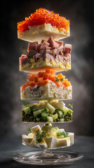 Floating Salad Presentation, Dramatic Presentation Of Floating Layered Salad Cubes With Ham And Creamy Filling