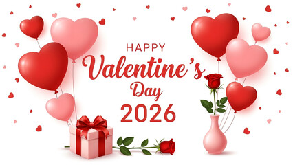 Happy valentine's day 2026 greeting with heart balloons and roses