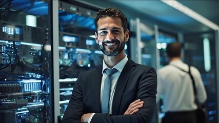 Smiling businessman in server room inspecting racks and equipment. Confident male IT manager analyzing data center infrastructure amidst blue lighting. Generative AI - Powered by Adobe