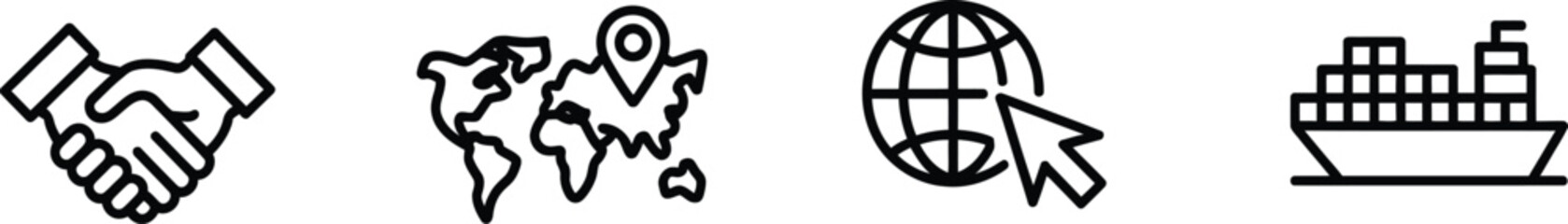 Five distinct black line icons depicting business and travel themes on transparent background   © Masud