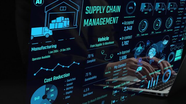 Supply chain management interface showing delivery routes, warehouse efficiency, cost savings, vehicle tracking, procurement ROI, and contract stages. Futuristic supply chain monitoring system. Thunk