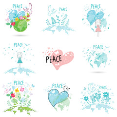 International Day of Peace. Concepts of love, peace, and kindness. A set of posters and postcards. Doodle.