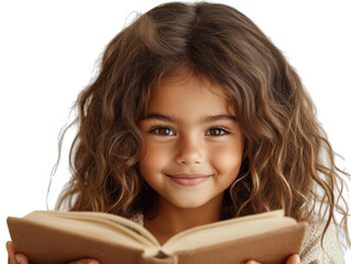 Smiling Curly-Haired Child Reading a Book, Isolated