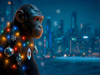 Cybernetic chimpanzee with christmas lights and snow