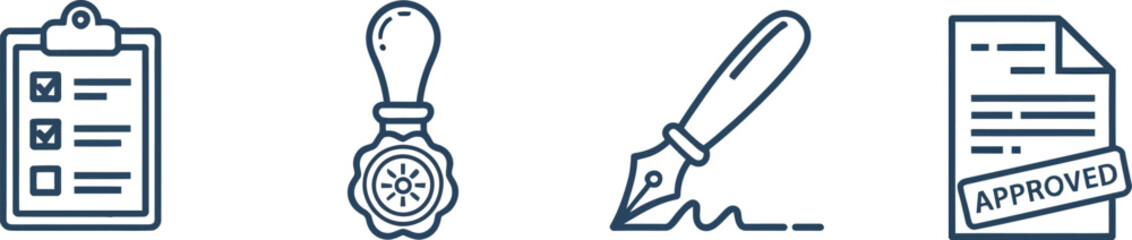 Office supplies including a clipboard quill document and approval stamp on transparent background

