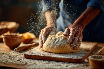 Kneading fresh dough with skilled hands in a rustic kitchen setting during the golden hour of late afternoon light